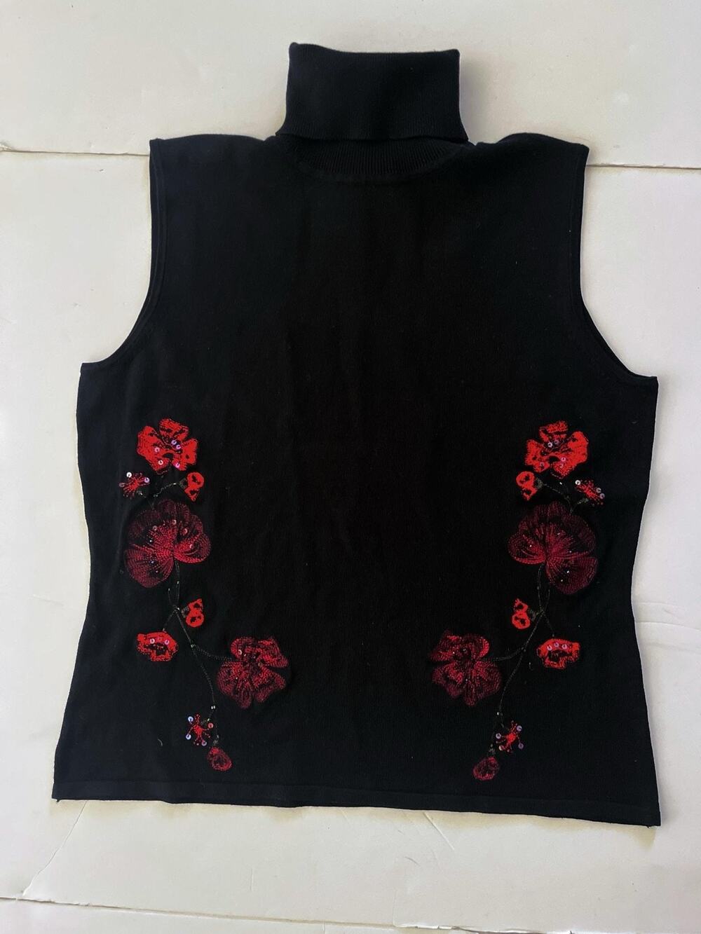 August Silk Sweater Tank Womens L Black Turtleneck Floral Sequin Knit Stretch